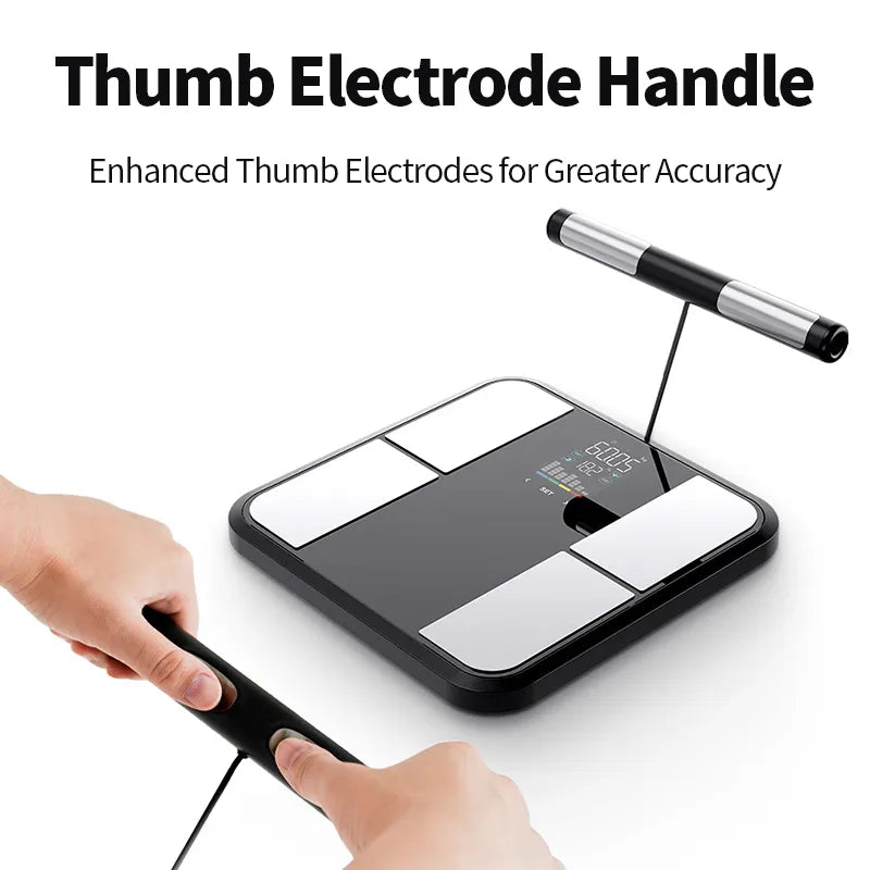 A Bytech scale body fat/weight scale with a black and silver design, shown with text reading 'Thumb Electrode Handle' and 'Enhanced Thumb Electrodes for Greater Accuracy.' Two hands are visible holding the handle over the scale on a clean white background.