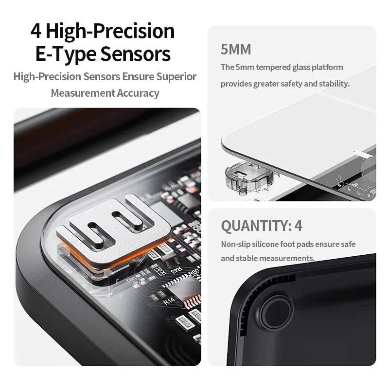 Bytech scale Technical diagram of a device with electronic components and text in Dutch about high-precision E-type sensors.