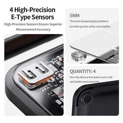 Bytech scale Technical diagram of a device with electronic components and text in Dutch about high-precision E-type sensors.