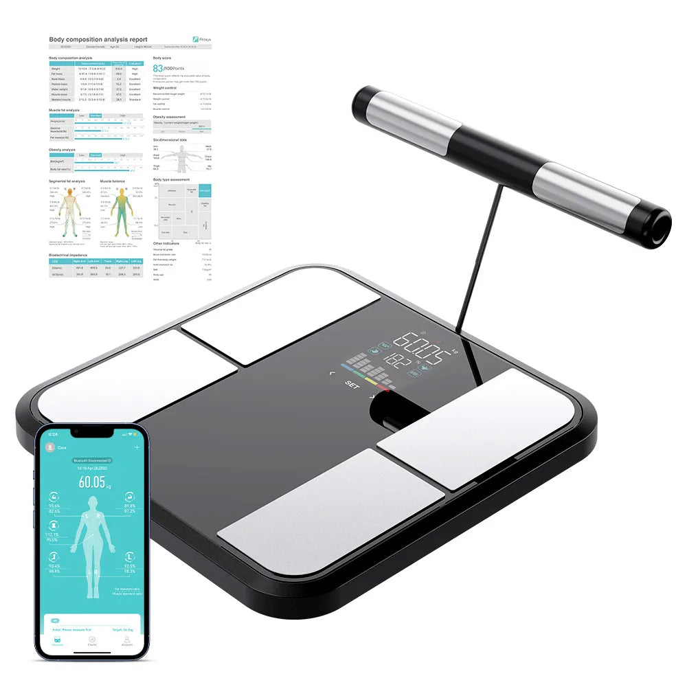 Bytech body composition scale with smartphone app and pen on a white background