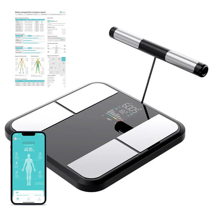 Bytech body composition scale with smartphone app and pen on a white background