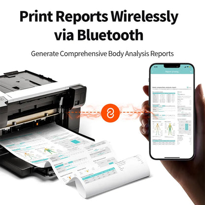 A wireless Bluetooth printer on a white background with a hand holding a smartphone showing a body analysis report screen. Text at the top reads 'Print Reports Wirelessly via Bluetooth' and 'Generate Comprehensive Body Analysis Reports.