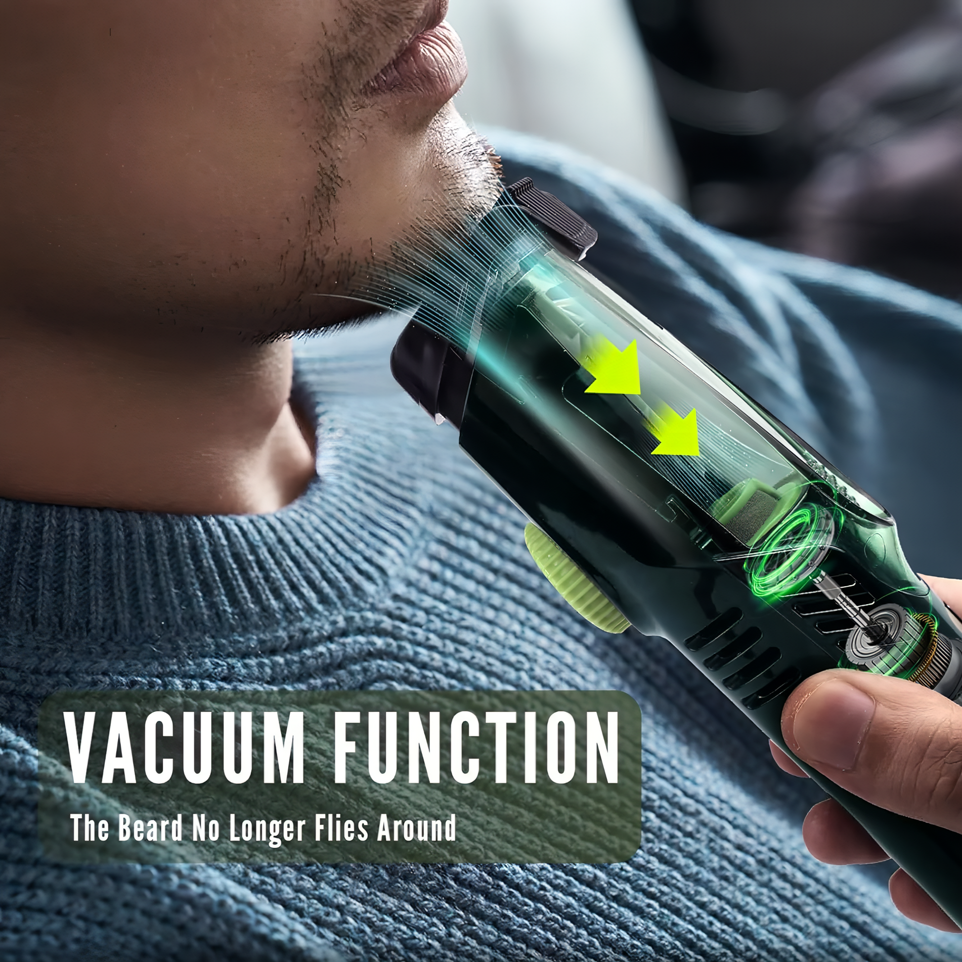 Person using a Bytech Beard Trimmer with text indicating 'Vacuum Function' and 'The Beard No Longer Flies Around'.