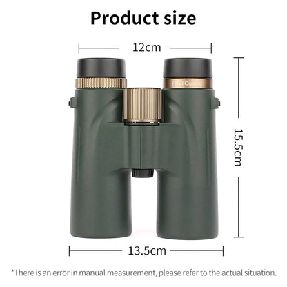 Green Caelum Binoculars with measurement details on a white background