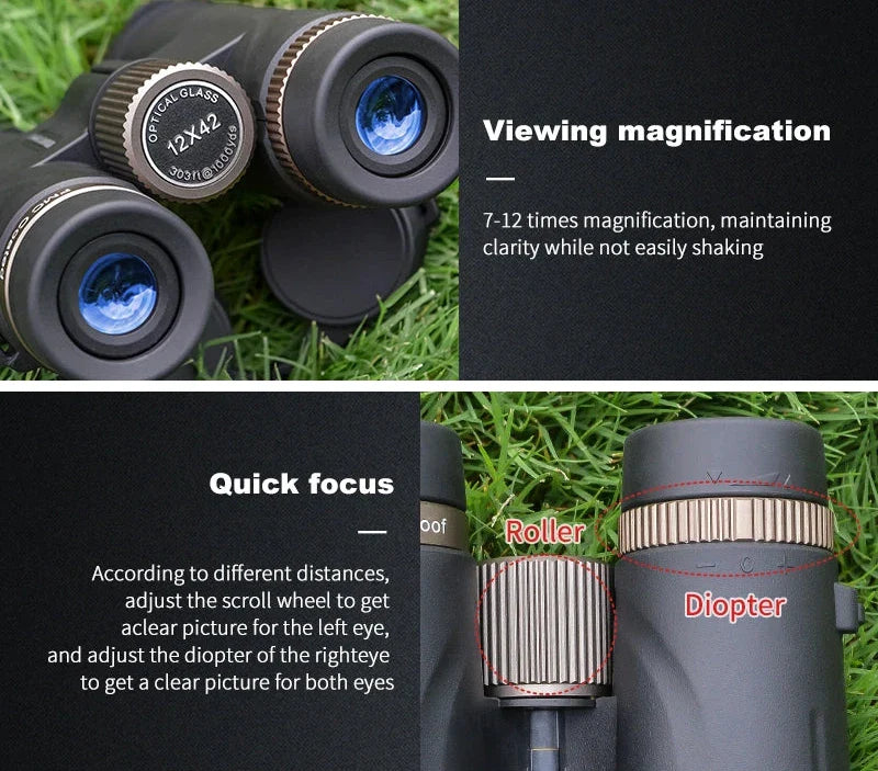 Caelum Binoculars with close-up details on grass, highlighting viewing magnification and quick focus features.