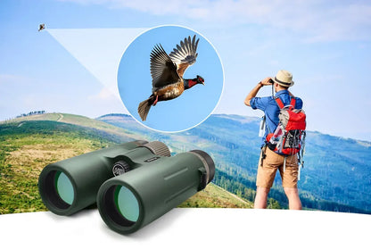 Person with Caelum Binoculars observing a bird in a scenic outdoor setting