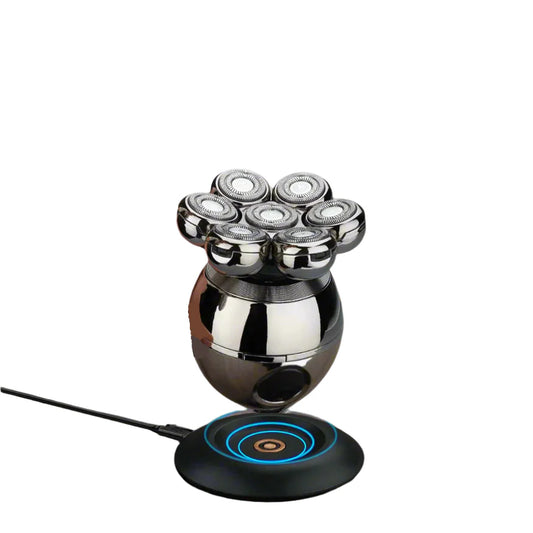 Calthic 6 in 1 Shaving Kit For Men with multiple heads on a charging stand with blue indicator light on a white background