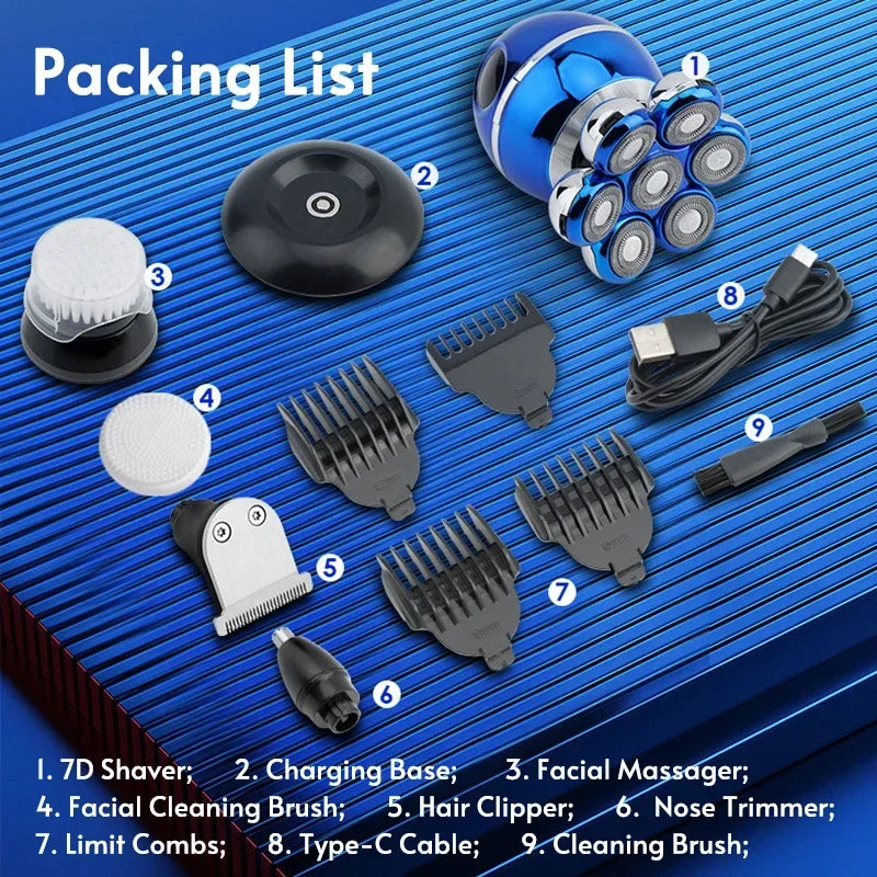 Packing list of a Calthic 6 in 1 Shaving Kit For Men with various attachments on a blue textured background.
