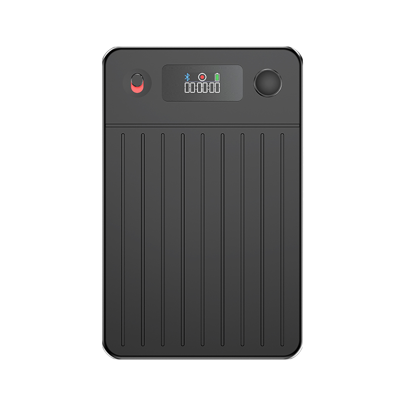 A portable Calthic AI Smart Voice Recorder with a textured vertical ribbed design, featuring a digital battery status display on the top panel with indicator icons, a red power button, and a circular port on the right side, shown against a plain white background.