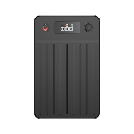 A portable Calthic AI Smart Voice Recorder with a textured vertical ribbed design, featuring a digital battery status display on the top panel with indicator icons, a red power button, and a circular port on the right side, shown against a plain white background.