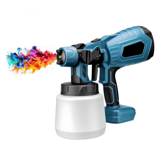 Blue and black Calthic Cordless Paint Sprayer with colorful paint spray on a white background