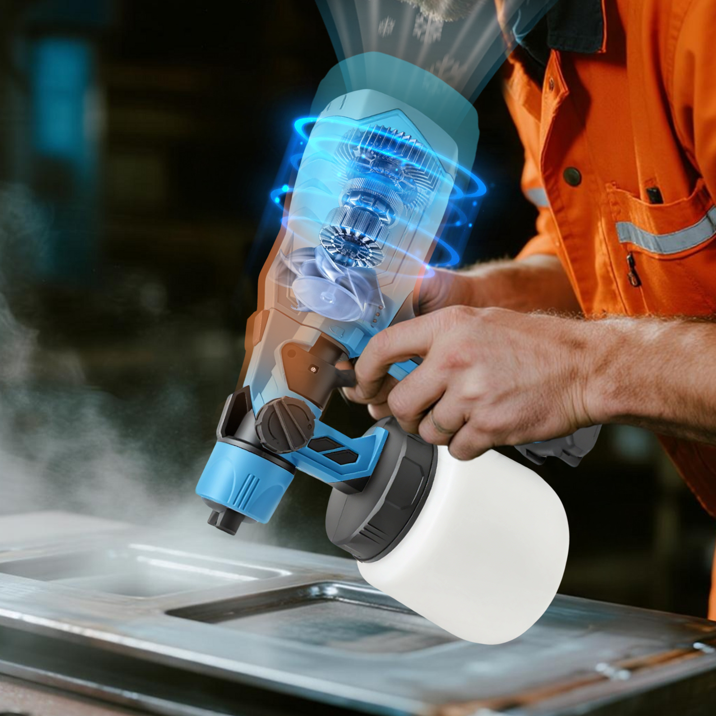 Person using a Calthic Cordless Paint Sprayer on a metal surface with a dark background