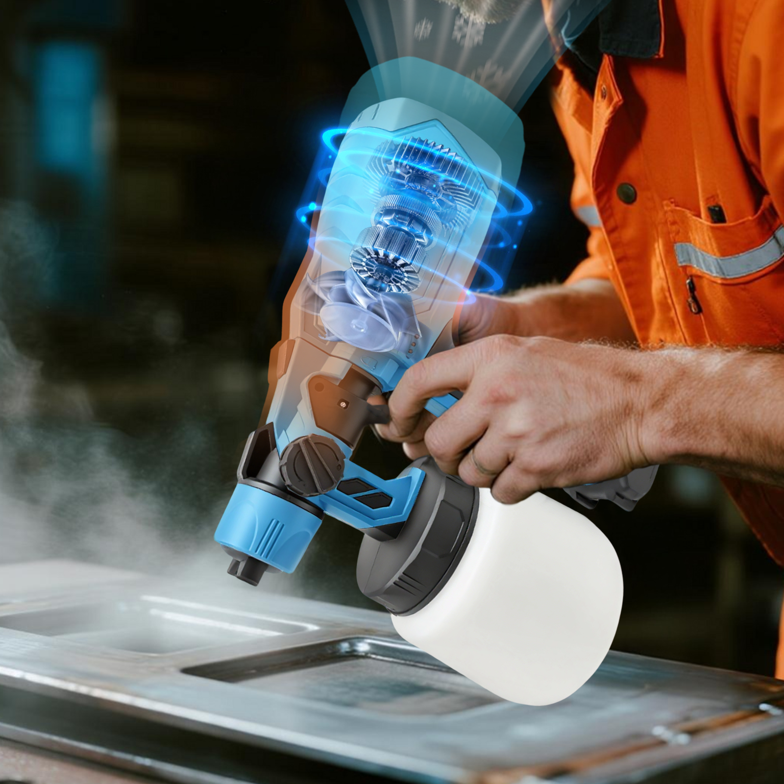 Person using a Calthic Cordless Paint Sprayer on a metal surface with a dark background