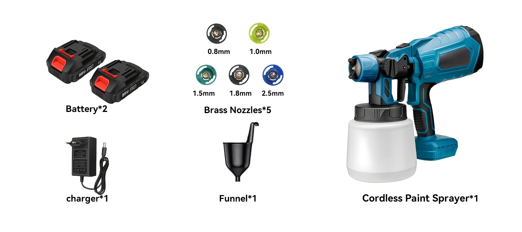 Calthic Cordless Paint Sprayer set with battery, charger, nozzles, funnel, and additional accessories on a white background.