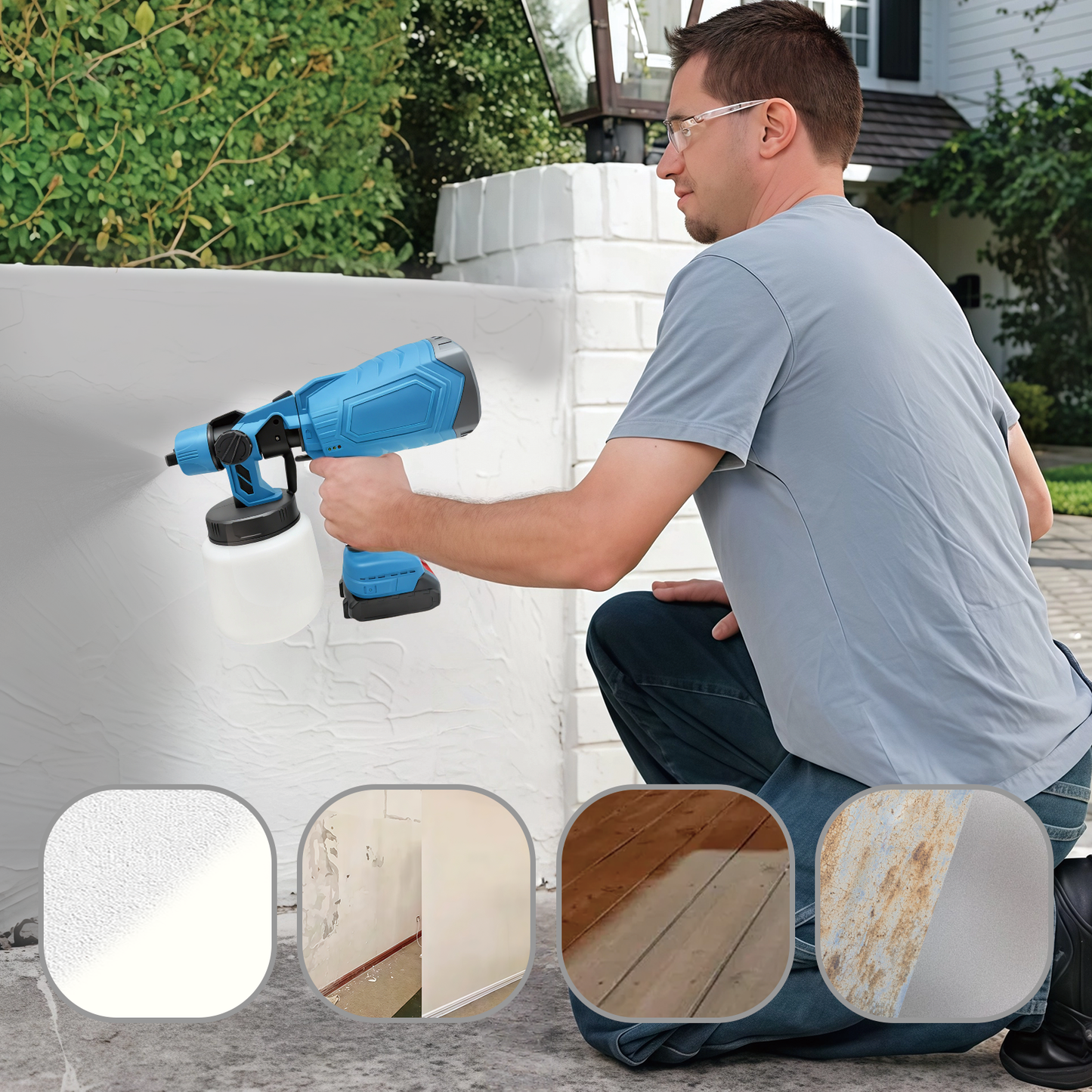 Person using a Calthic Cordless Paint Sprayer on a wall with before-and-after examples of painted surfaces.