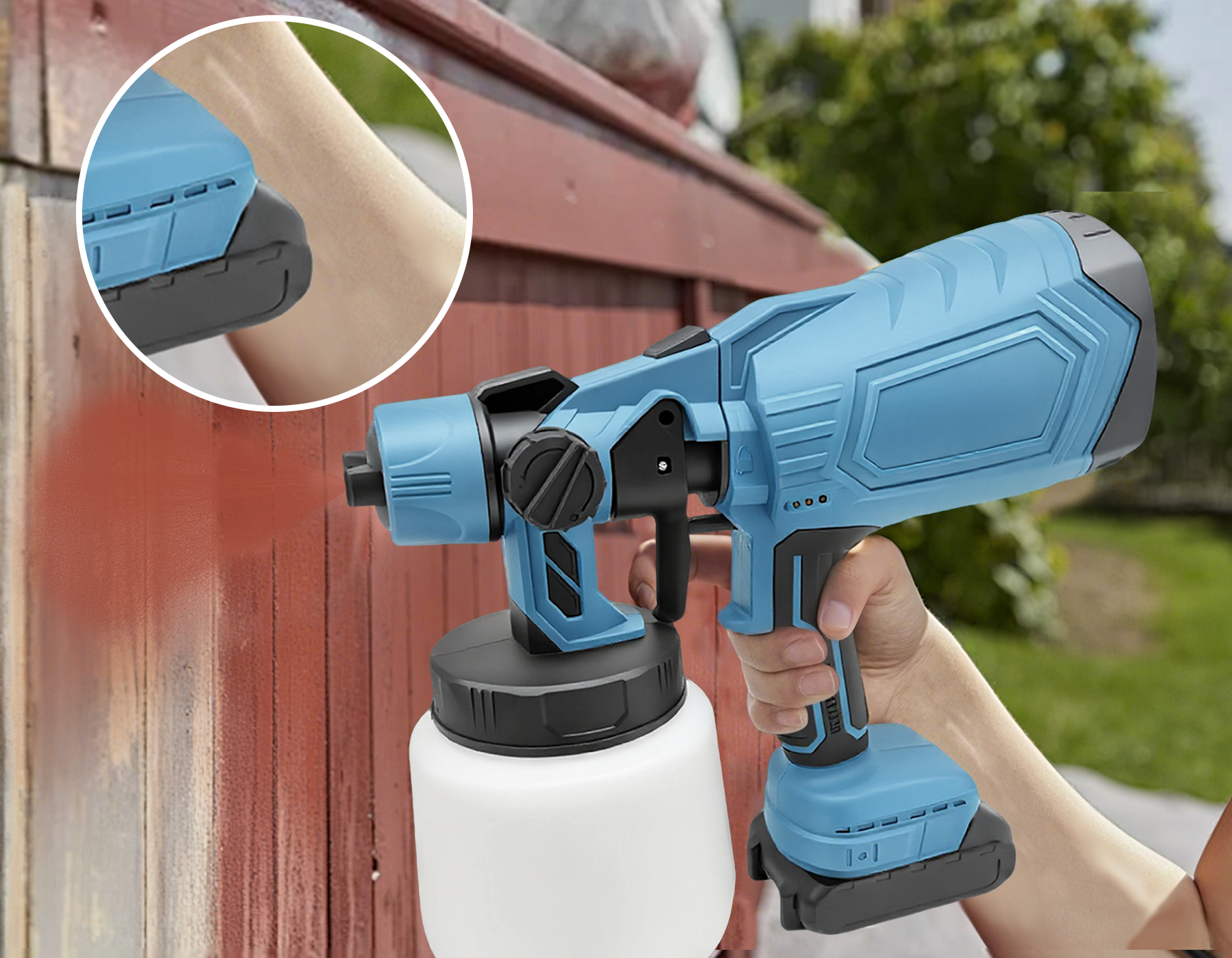 Blue Calthic Cordless Paint Sprayer being used on a wooden surface with a close-up of the nozzle.