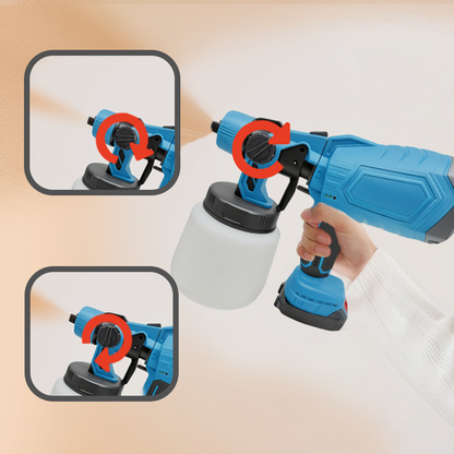 Blue Calthic Cordless Paint Sprayer held by a hand with close-up insets showing different parts.