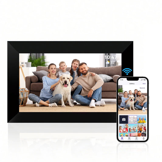 Calthic Digital Photo Frame displaying a family with a dog, next to a smartphone showing the app interface.