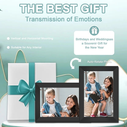Two black Calthic Digital Photo Frame with children's pictures on a light blue background with text about the best gift.