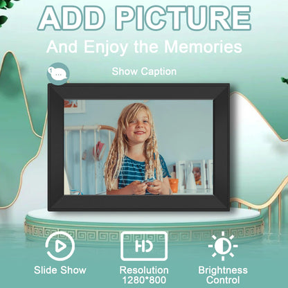 Calthic Digital Photo Frame displaying a child's picture with features highlighted on a teal background.