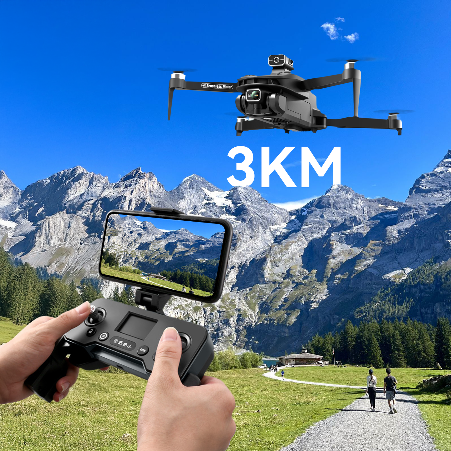 Person controlling a Calthic GPS Drone with a view of mountains in the background