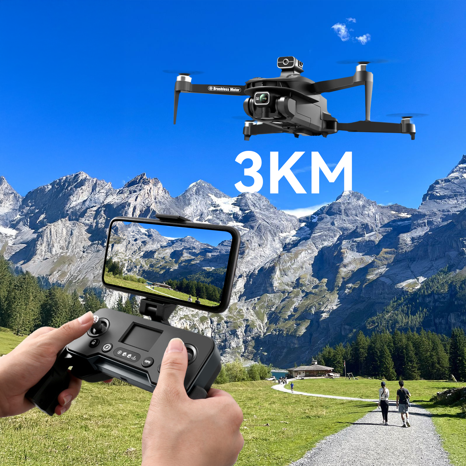 Person controlling a Calthic GPS Drone with a view of mountains in the background
