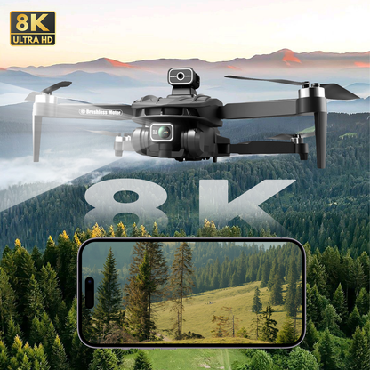Calthic GPS Drone with 8K camera capturing a scenic view of mountains and forest, displayed on a smartphone screen.