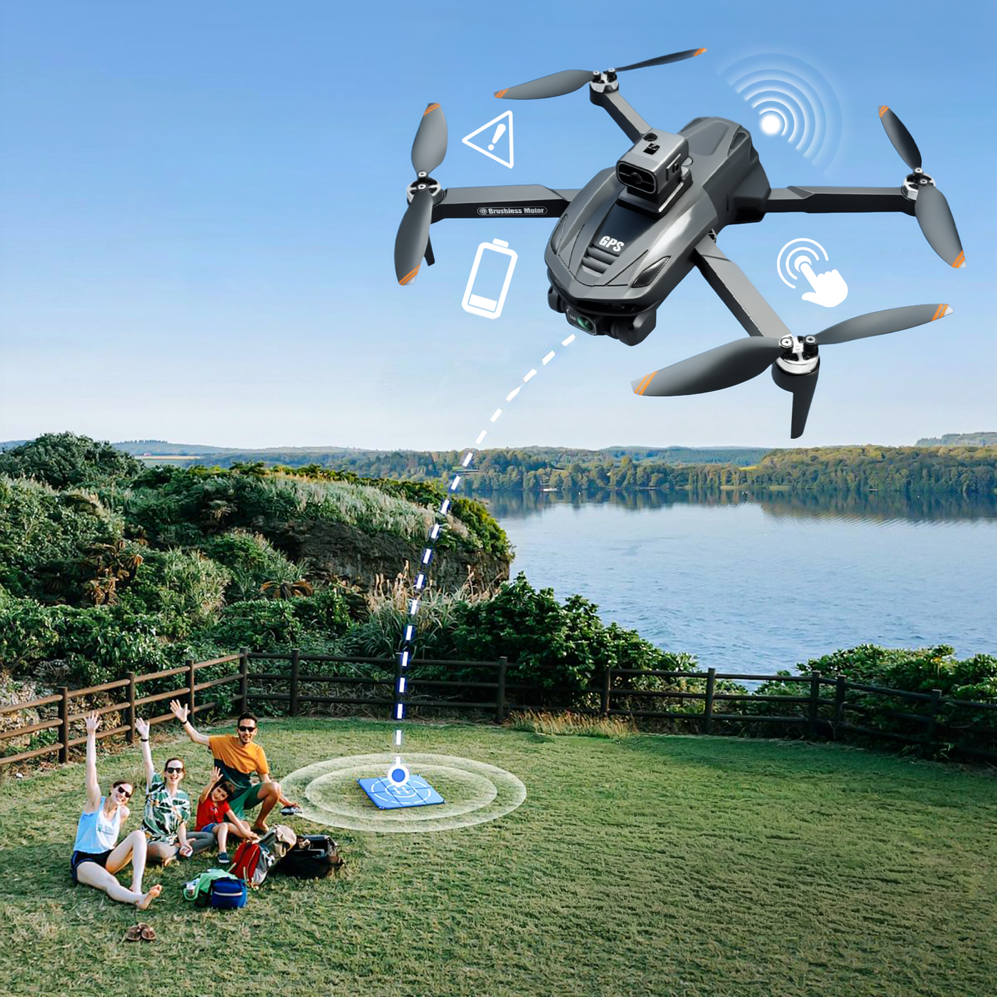 Calthic GPS Drone flying over a scenic landscape with people on the ground