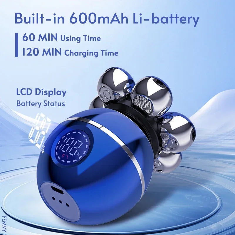 Blue and silverCalthic 6 in 1 Shaving device with battery information on a blue background