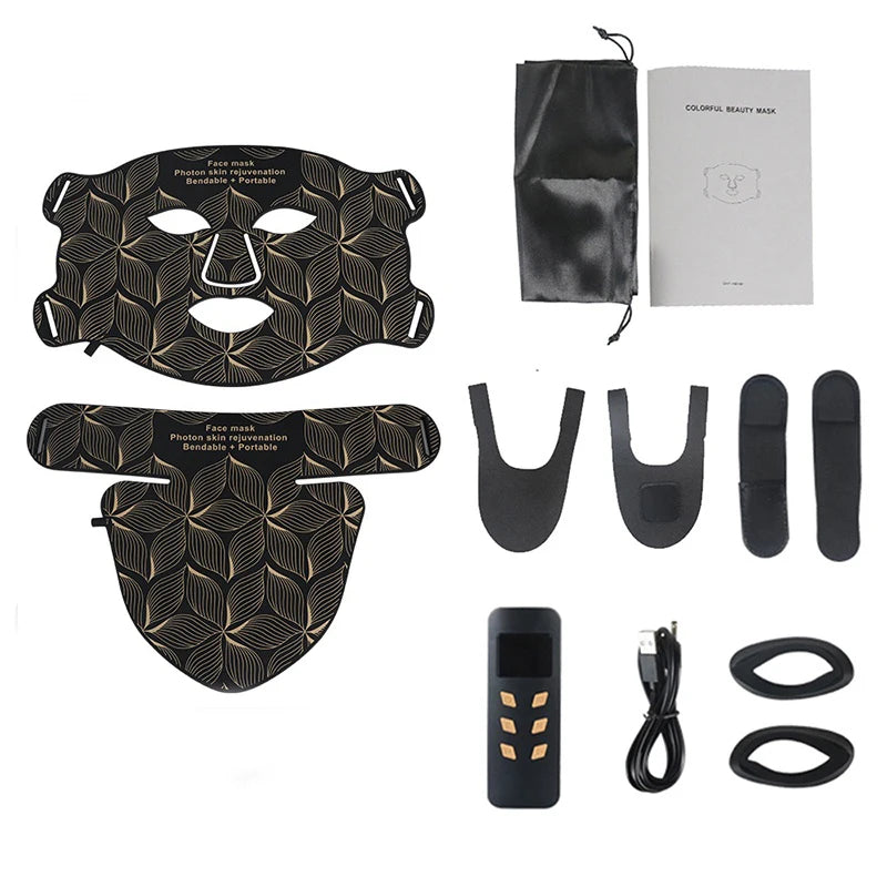 Collection of beauty mask components including a Cavinoo LED Mask, attachments, and packaging on a white background.