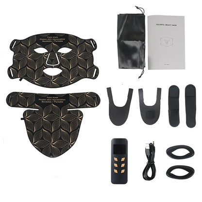 Collection of beauty mask components including a Cavinoo LED Mask, attachments, and packaging on a white background.
