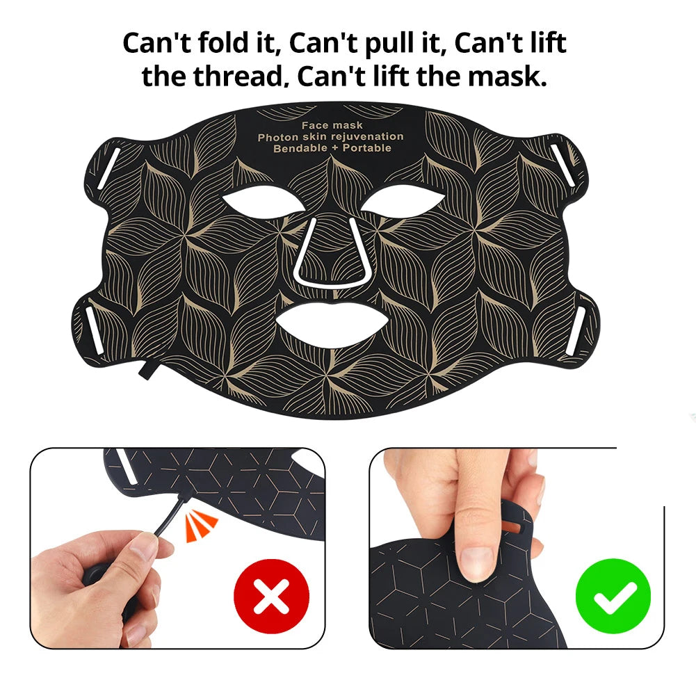 Black Cavinoo LED Mask with text and icons indicating its features and limitations.
