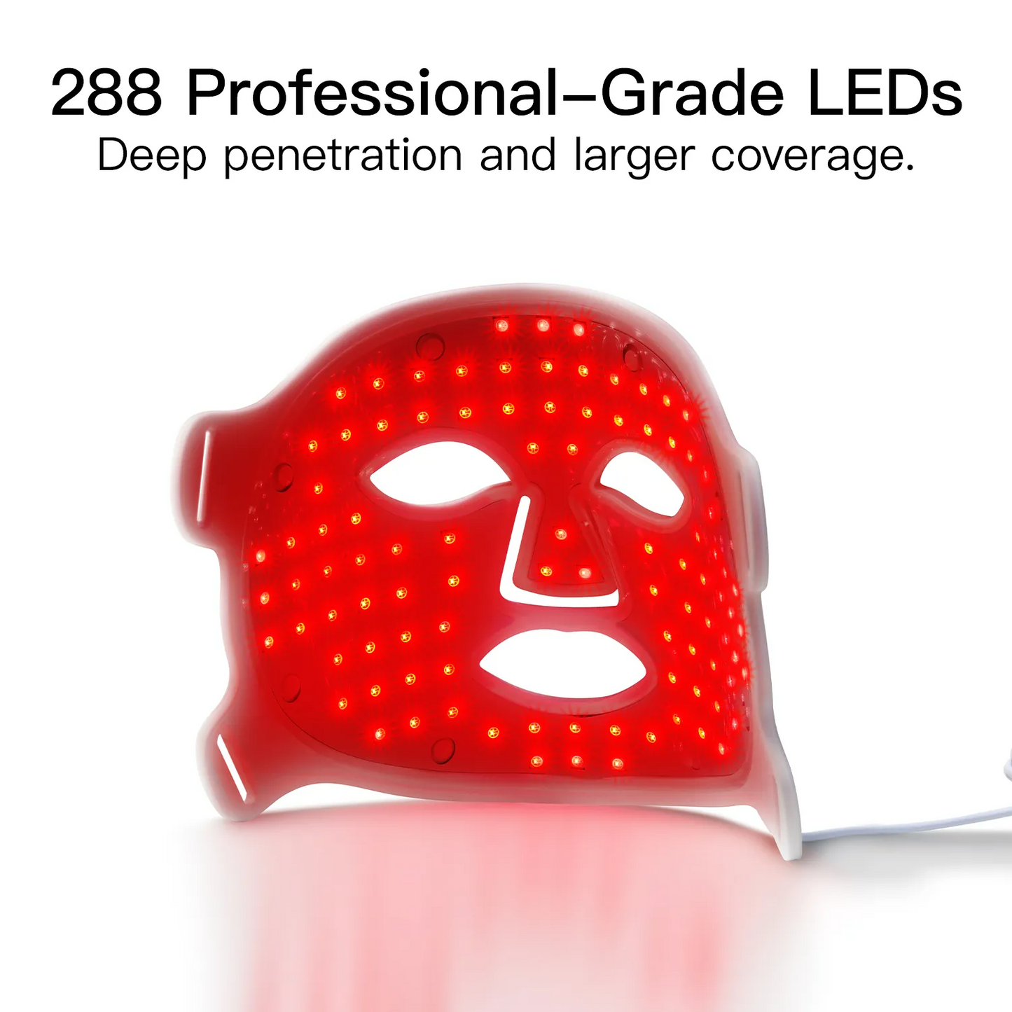 Cavinoo LED Mask with red lights on a white background, labeled with text about professional-grade LEDs.