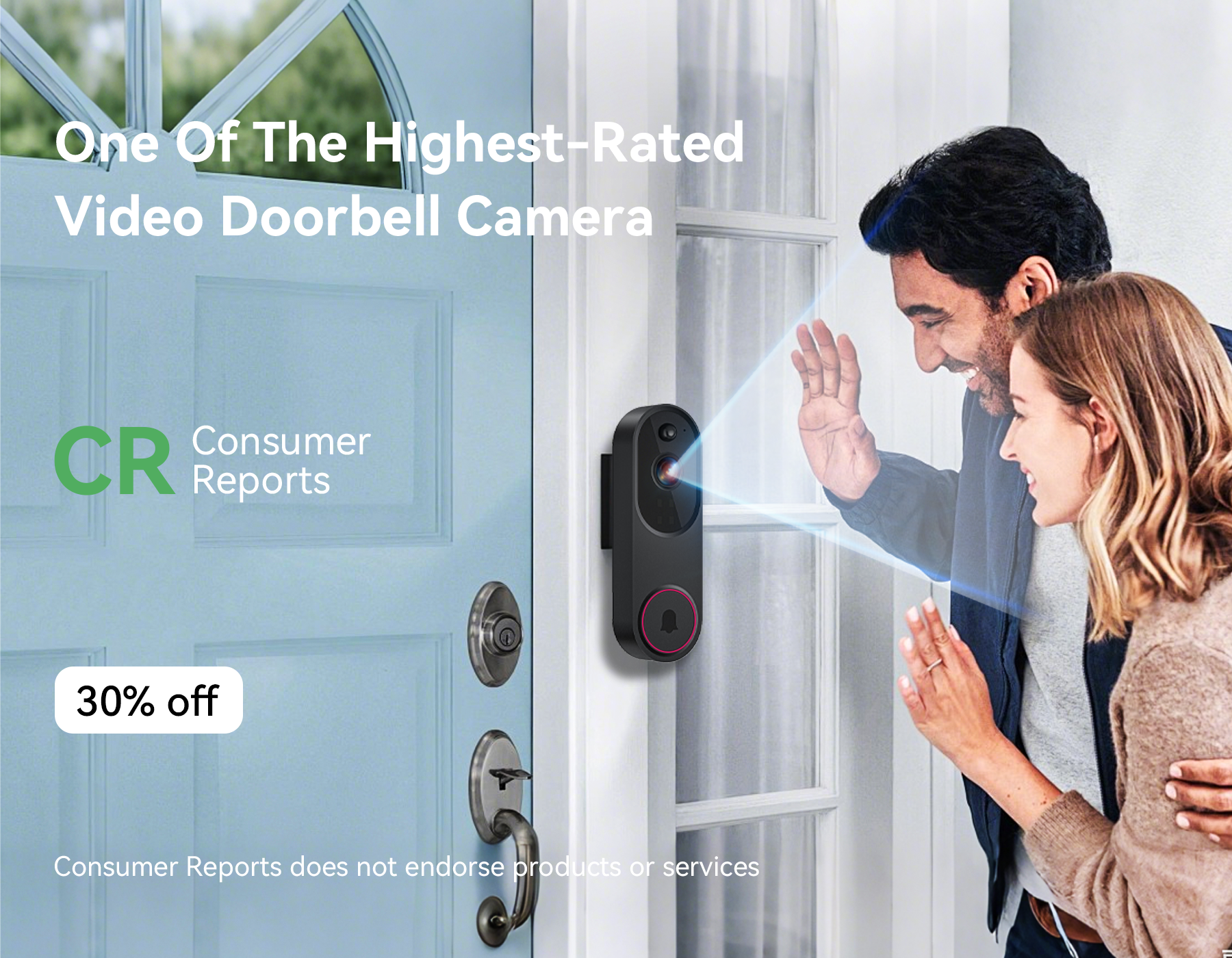Advertisement for a Cavinoo Video Doorbell Camera with a couple looking through a glass door.
