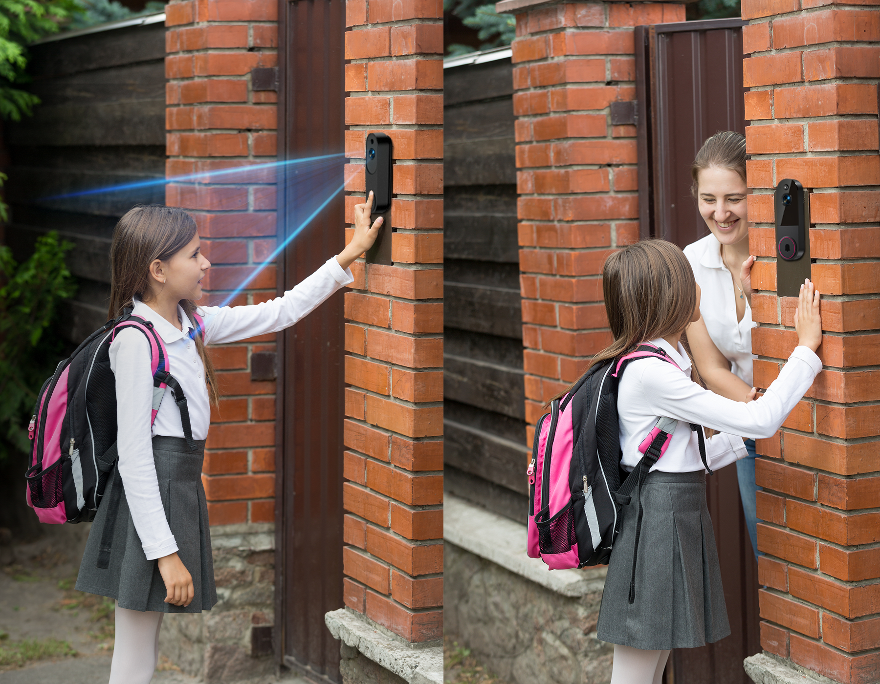 Two schoolgirls with backpacks interacting with a Cavinoo Video Doorbell Camera outside a brick building.