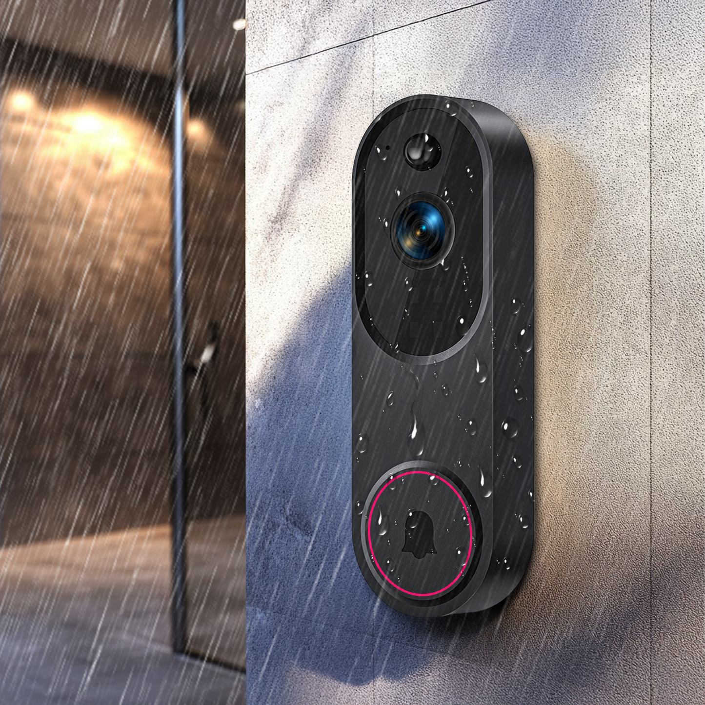Smart Cavinoo Video Doorbell Camera on a wall with raindrops, showing its water-resistant feature.
