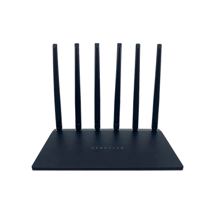Black Cavinoo WiFi Router with multiple antennas on a white background