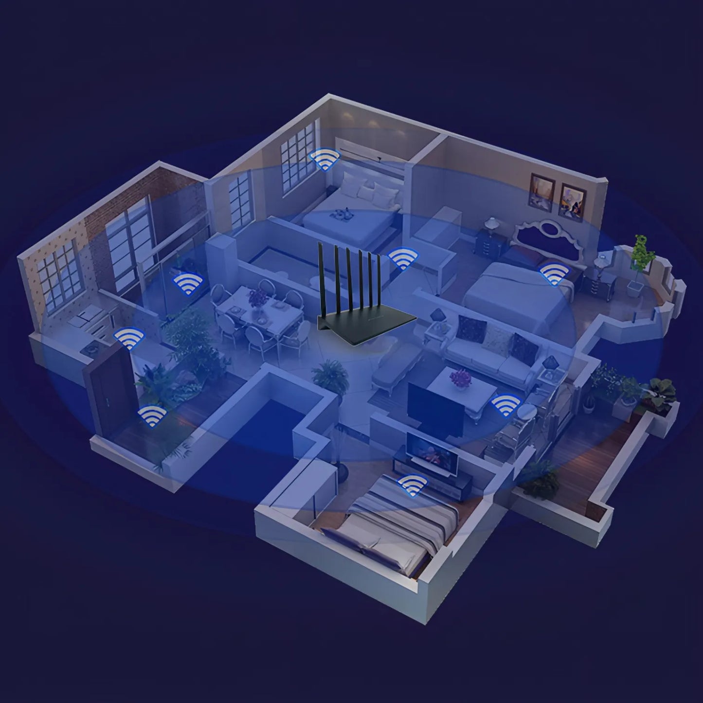 Isometric view of a modern house layout with smart home Cavinoo WiFi Router features on a dark background