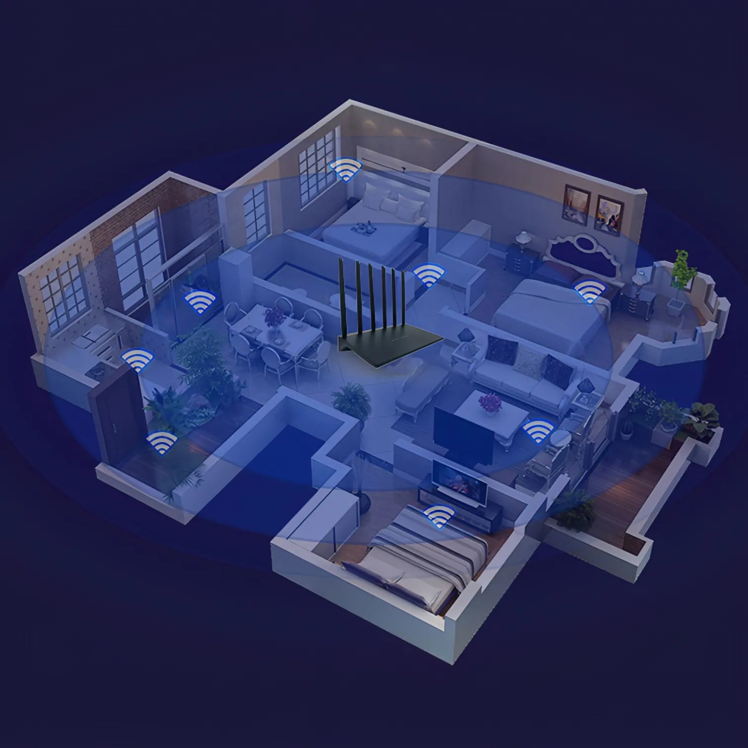 Isometric view of a modern house layout with smart home Cavinoo WiFi Router features on a dark background