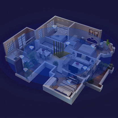 Isometric view of a modern house layout with smart home Cavinoo WiFi Router features on a dark background