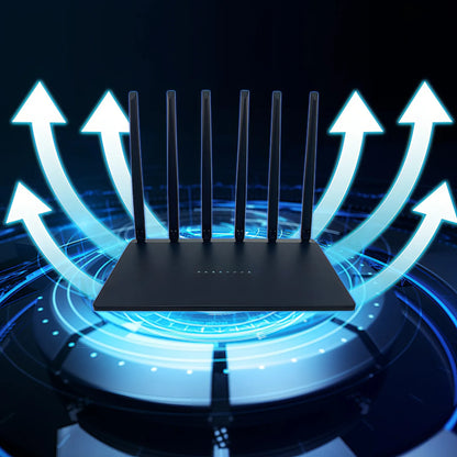 Cavinoo WiFi Router with antennas on a dark background with blue light effects