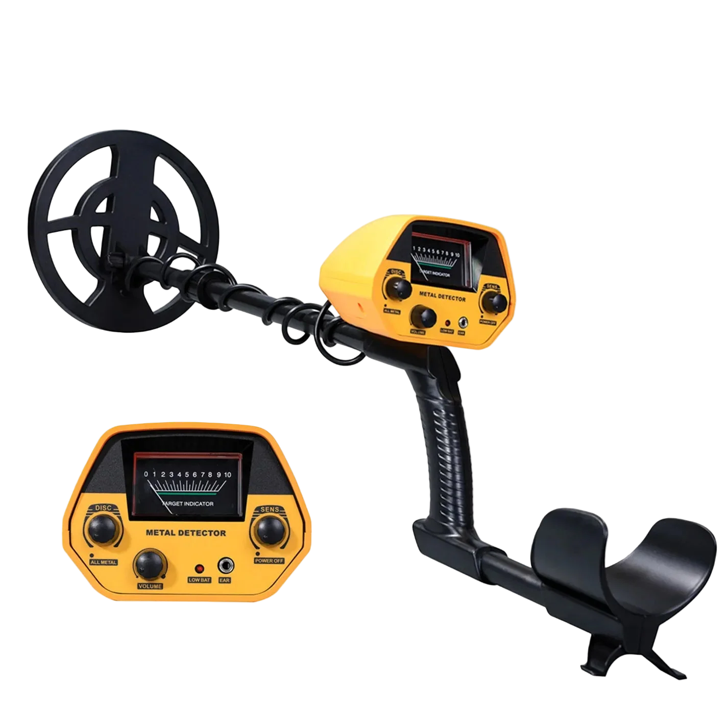 Yellow Clairus Metal Detector with black handle on a white background