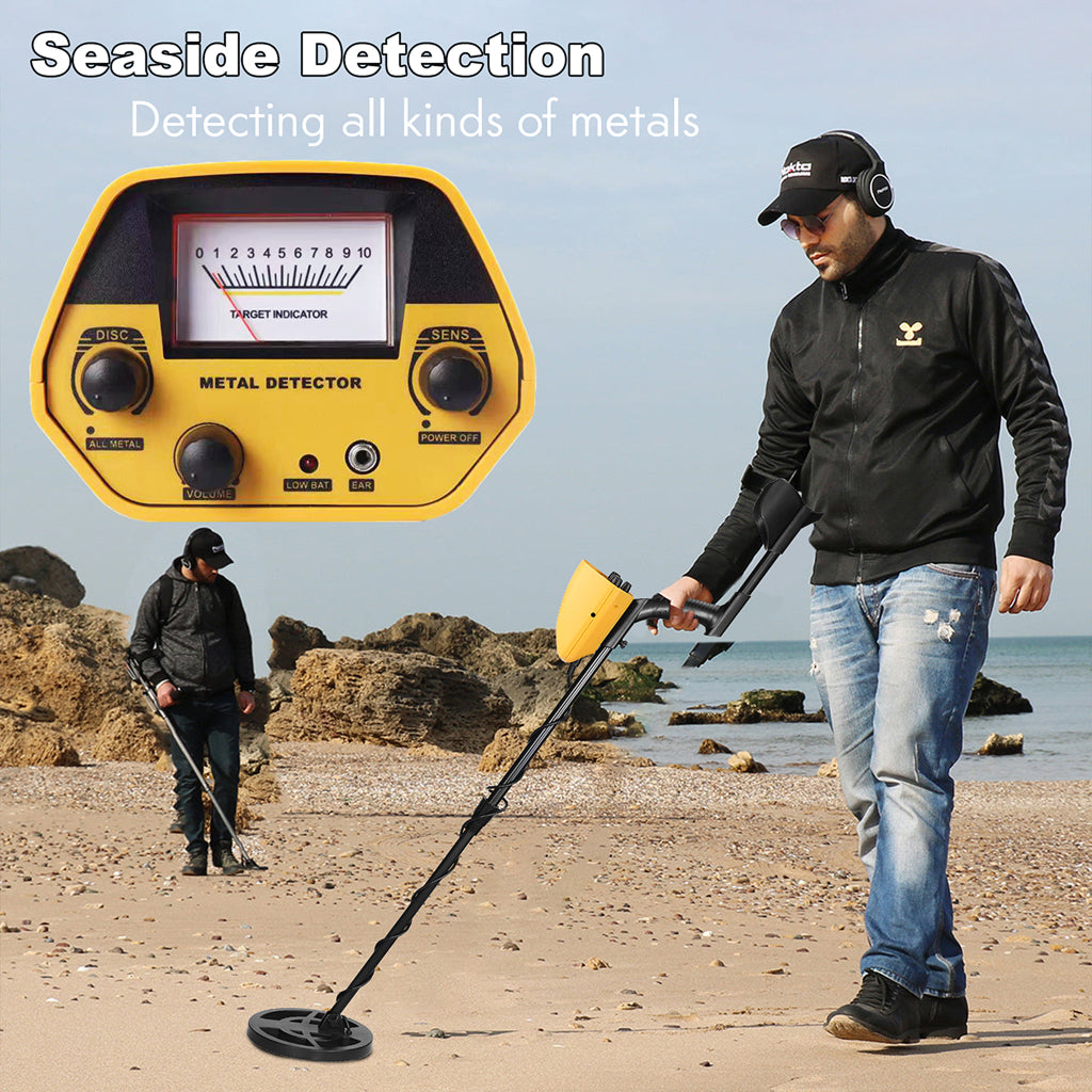 Person using a Clairus Metal Detector on a beach with text 'Seaside Detection' and 'Detecting all kinds of metals'.