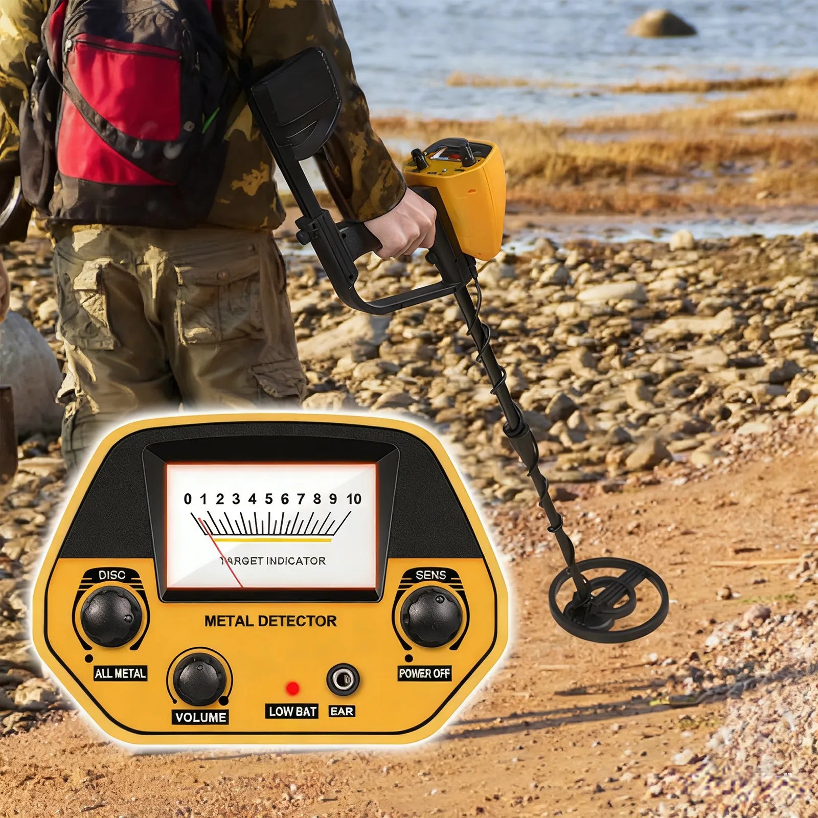 Person using a Clairus Metal Detector on a rocky beach