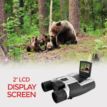 ClaroVis Binoculars with 2-inch LCD display screen showing a bear and cubs in a forest setting.