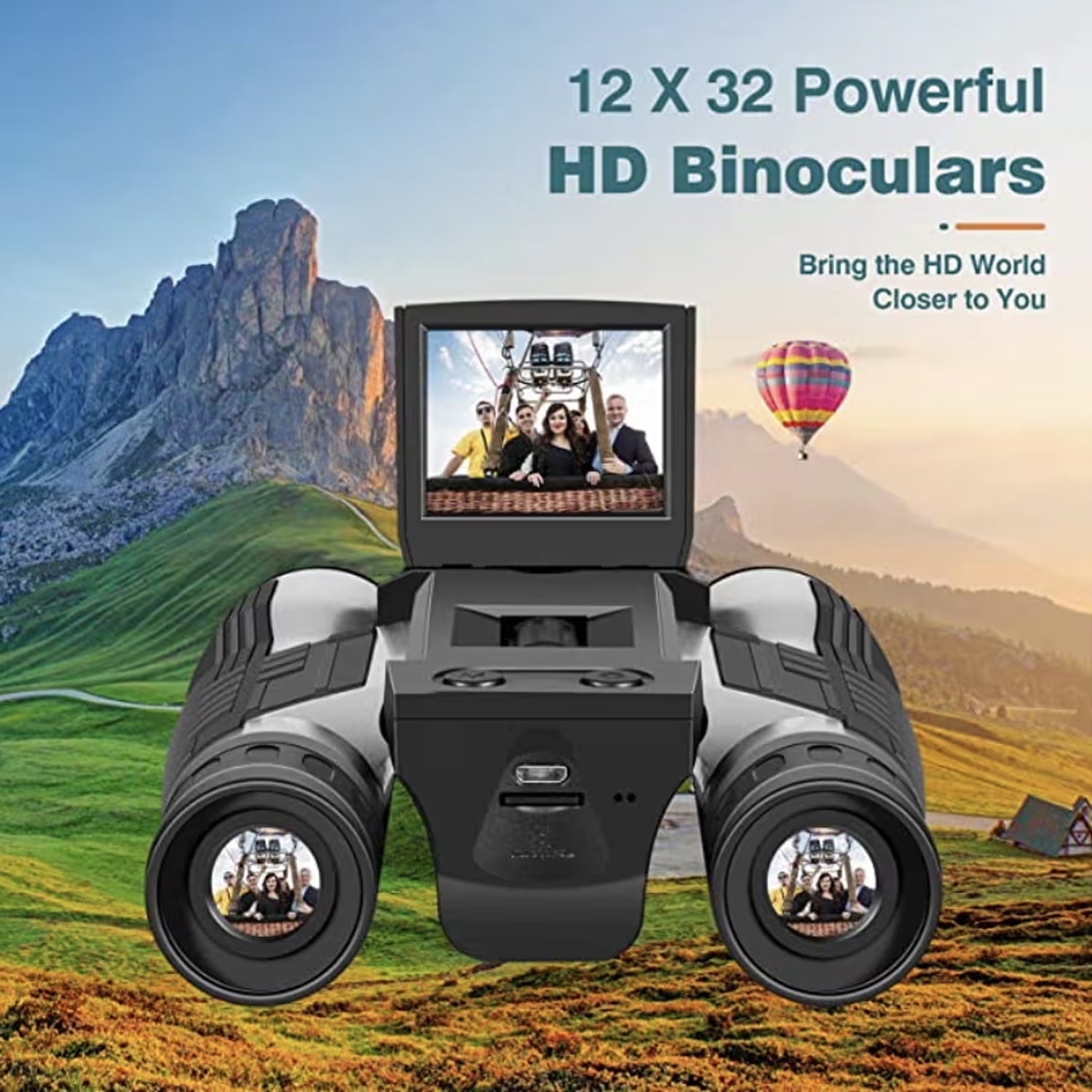 12 x 32 Powerful HD ClaroVis Binoculars with digital display in a scenic outdoor setting