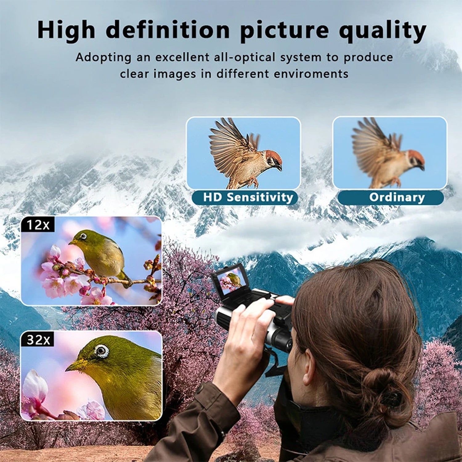 Person using ClaroVis Binoculars to observe birds with text about high definition picture quality and optical system.