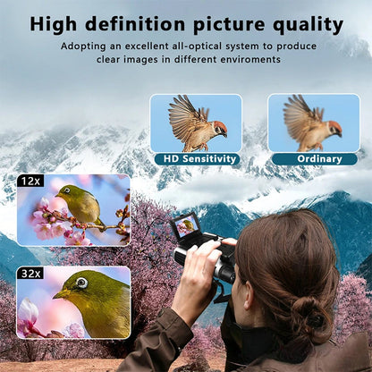 Person using ClaroVis Binoculars to observe birds with text about high definition picture quality and optical system.