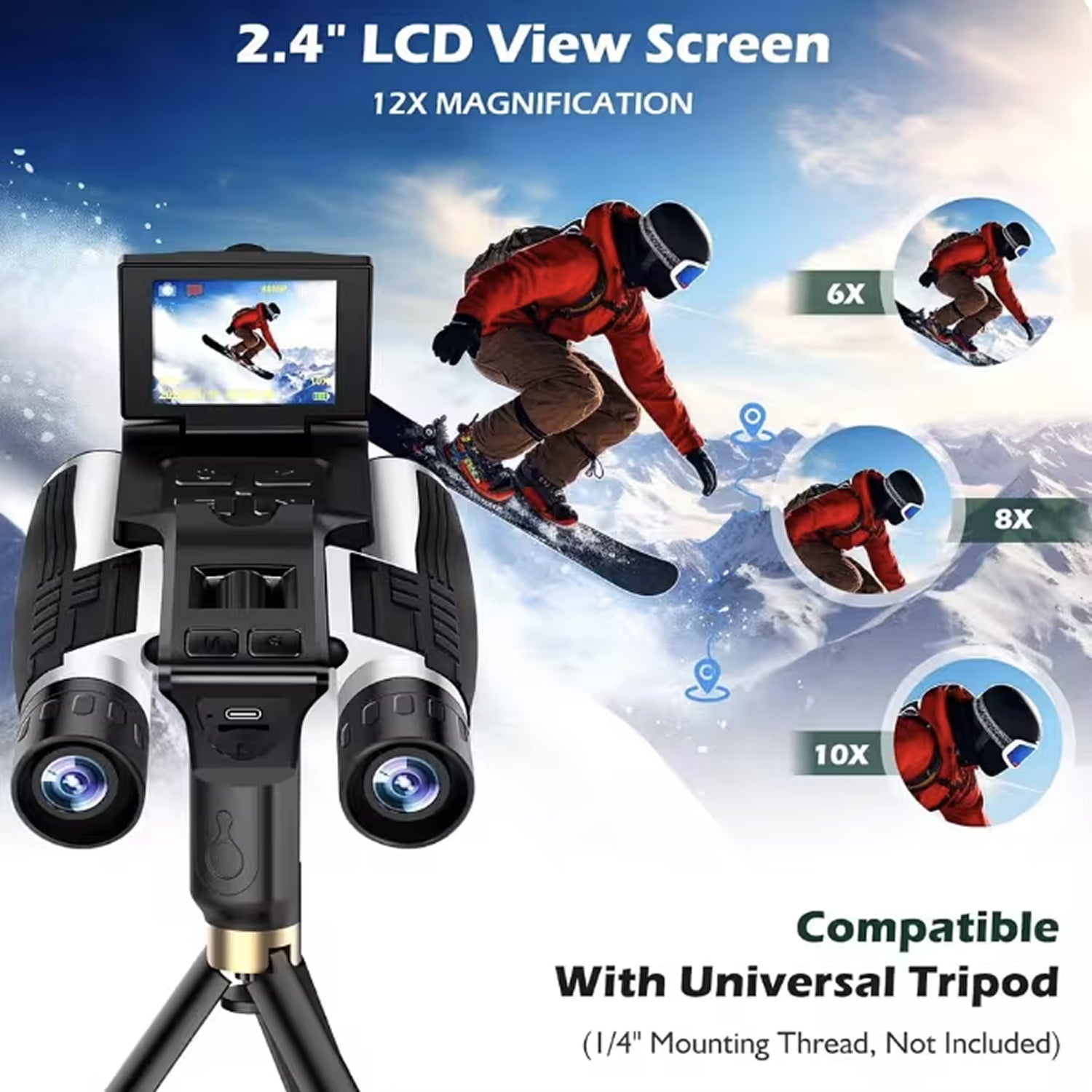 ClaroVis Binoculars with 2.4" LCD view screen and 12x magnification on a snowy background