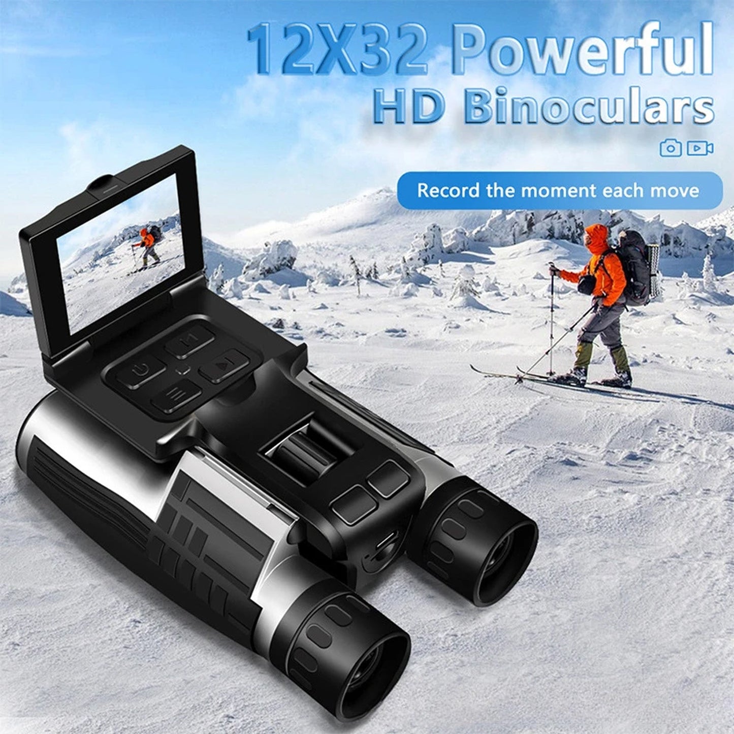 12x32 Powerful HD ClaroVis Binoculars with digital display in a snowy landscape